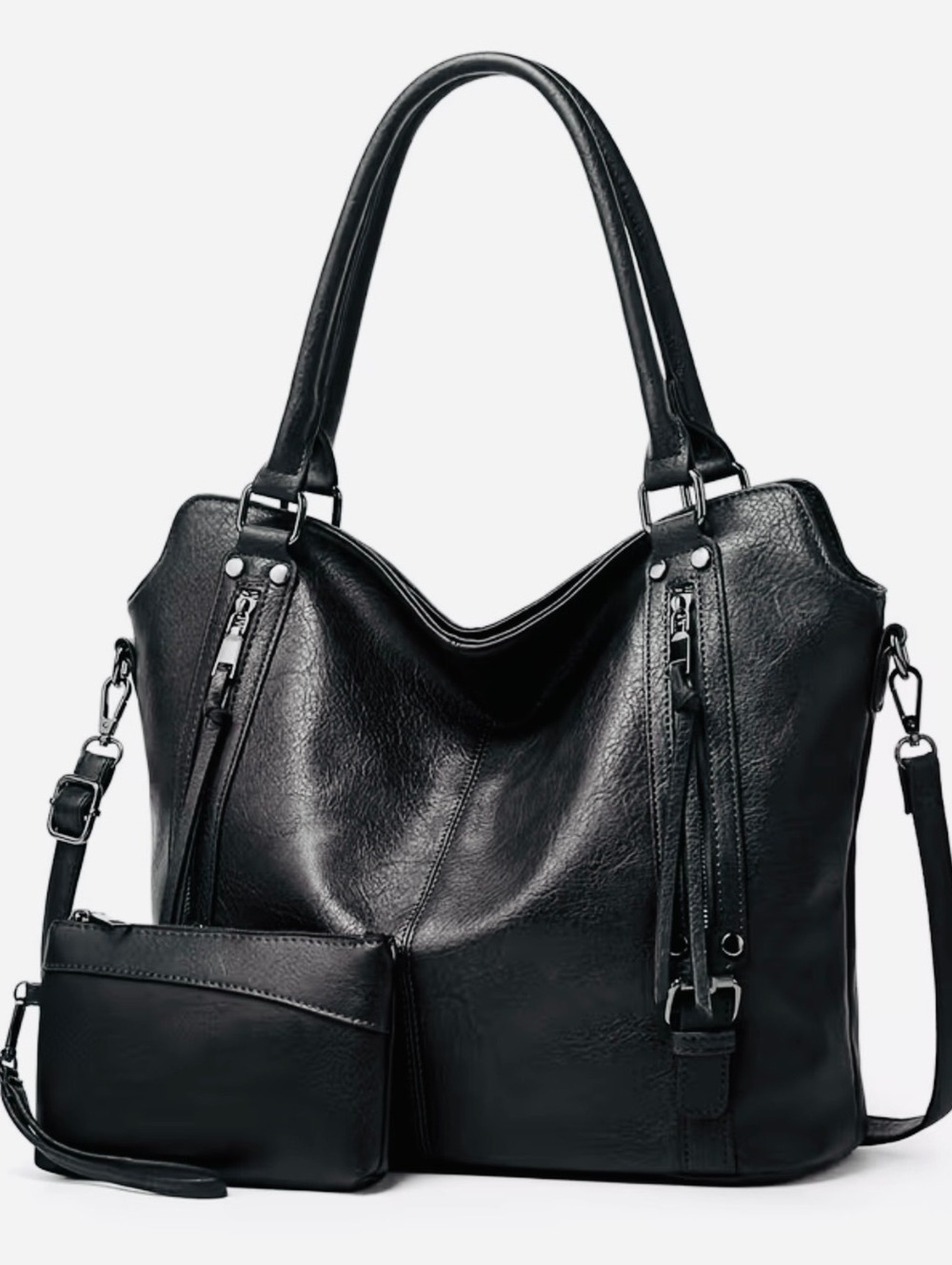 New -Sleek & Stylish -Vintage Inspired -Faux Leather Shoulder Bag Set -Black